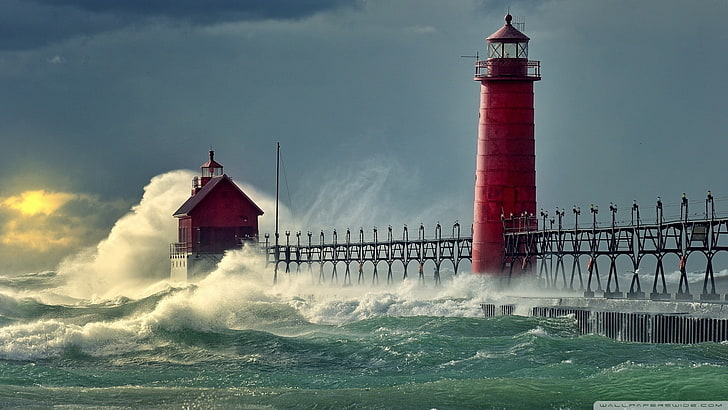 white and red concrete building, lighthouse, sea, waves, storm, landscape, HD wallpaper