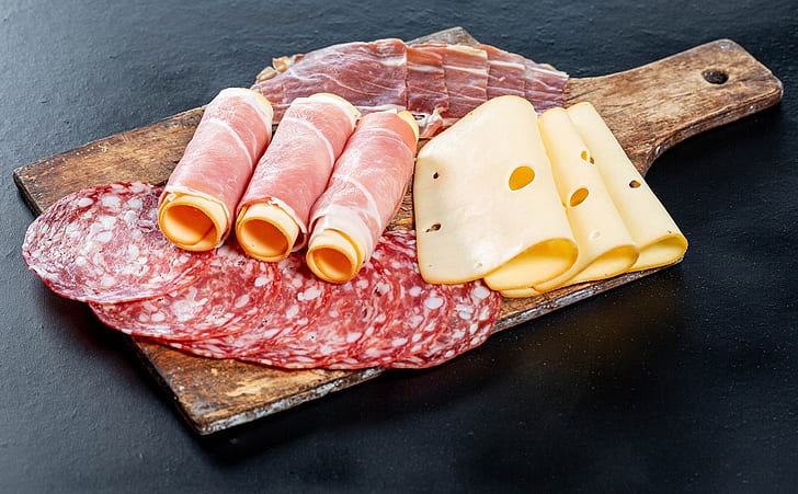 cheese, Board, sausage, bacon, HD wallpaper