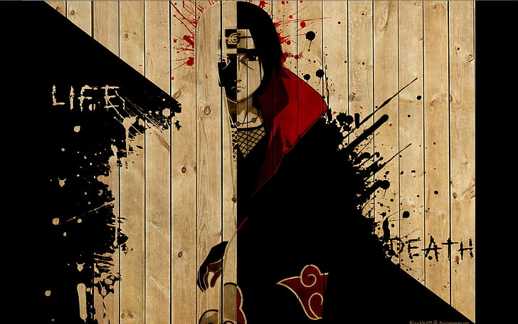 Ilustración de Uchiha Itachi, Naruto Shippuuden, anime, Uchiha Itachi, salpicaduras de pintura, madera, Akatsuki, Fondo de pantalla HD