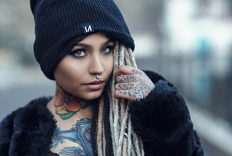 nose rings, hat, model, face, Fishball Suicide, looking at viewer, portrait, women, tattoo, HD wallpaper HD wallpaper