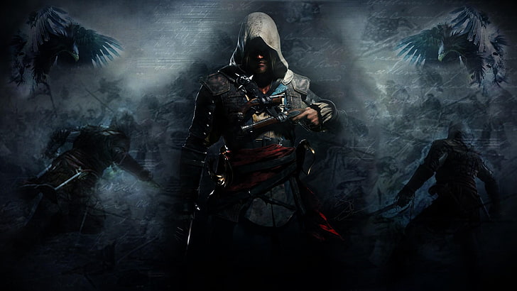 Ilustración de Assassin's Creed Ezio, Edward Kenway, armas, cuervos, batalla, Fondo de pantalla HD