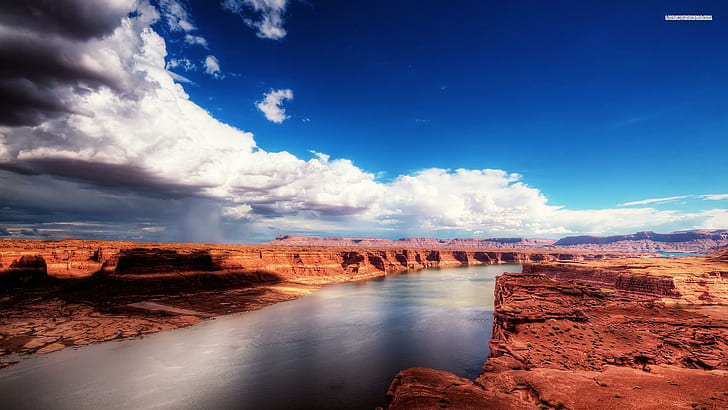 Great Desert River, desert, cliffs, river, clouds, nature and landscapes, HD wallpaper