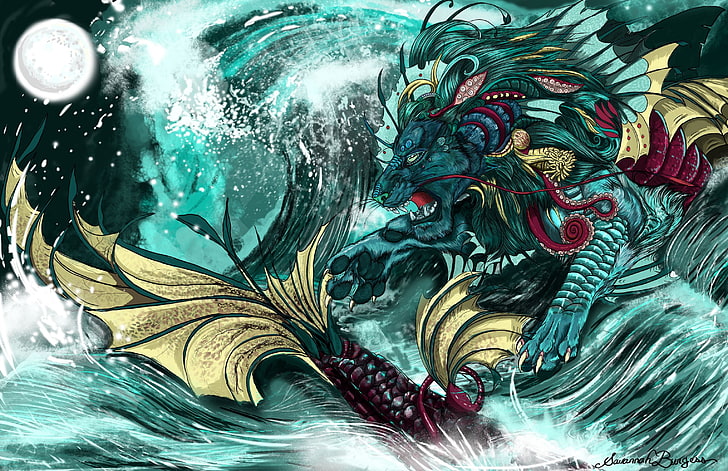 Иллюстрация зеленый дракон и бордовые рыбы, животные, HD обои