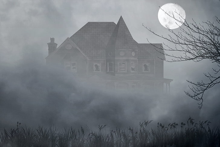 черна вещица тапет къща, трева, мъгла, къща, дърво, луната, тъмнината, Windows, счупен, HD тапет