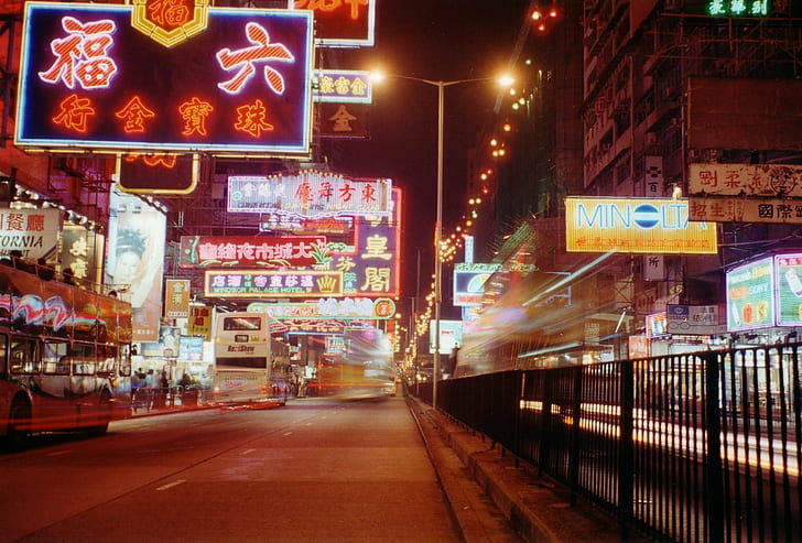 Night, City, Lights, Chinatown, Chinese characters, HD wallpaper