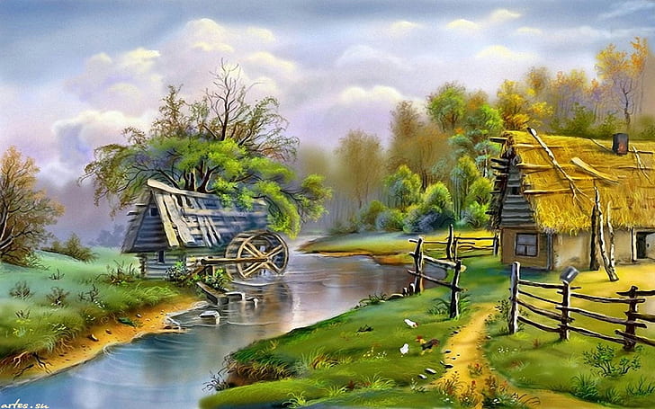 Beautiful Landscape, River, Mill   0853, HD wallpaper