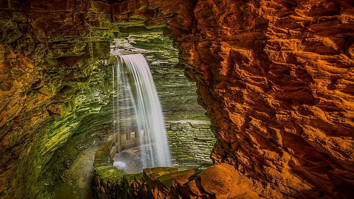 nature, rock, cave, waterfall, stones, long exposure, path, HD wallpaper