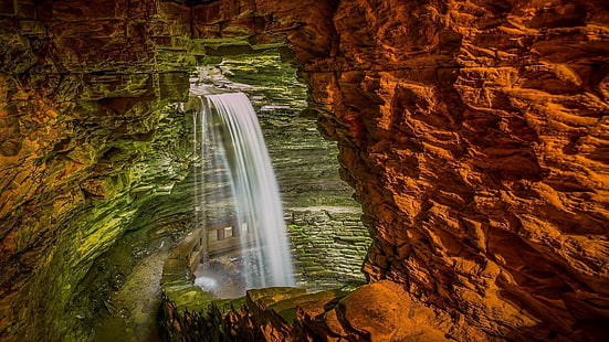 przyroda, skała, jaskinia, wodospad, kamienie, długa ekspozycja, ścieżka, Tapety HD HD wallpaper