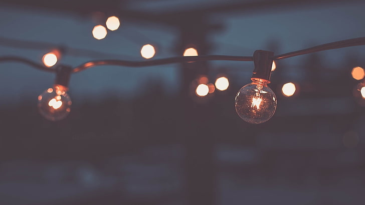 clear bulb string lights, shallow focus photography of string bulb lights during night time, bokeh, light bulb, lamp, depth of field, wire, electricity, utility pole, HD wallpaper