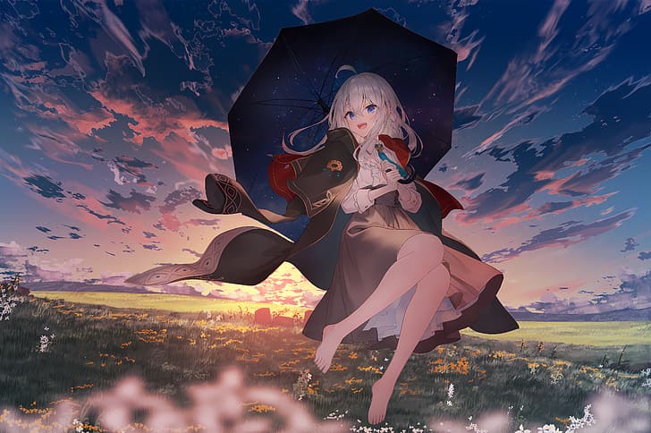 Elaina (Majo no Tabitabi), gadis anime, di luar ruangan, istana langit, kelopak bunga, Majo no Tabitabi, Wallpaper HD