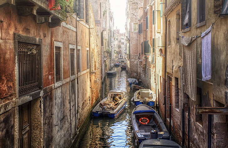 blaues Schnellboot, Haus, Boote, Venedig, Kanal, HD-Hintergrundbild