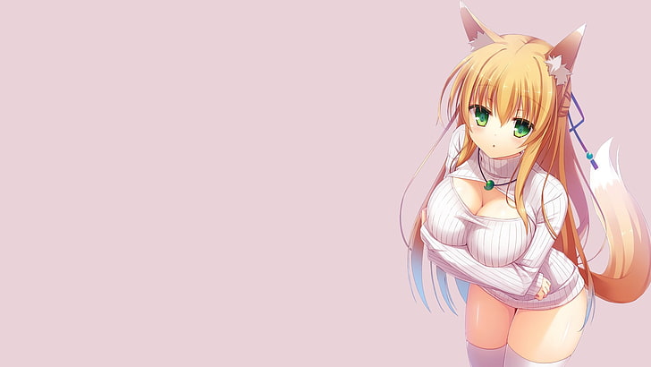 Tierohren, Anime, Blond, , Fox Girl, Grüne Augen, Kitsunemimi, Originalcharaktere, Schwanz, HD-Hintergrundbild
