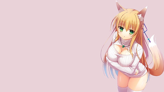 Djuröron, anime, Blond, , Fox Girl, Green Eyes, Kitsunemimi, Original Characters, tail, HD tapet HD wallpaper