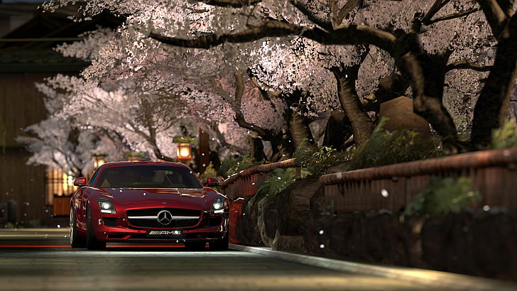 árvores luzes da noite carros estradas mercedes benz sls amg 5760x3240 carros Mercedes HD Art, árvores, noite, HD papel de parede