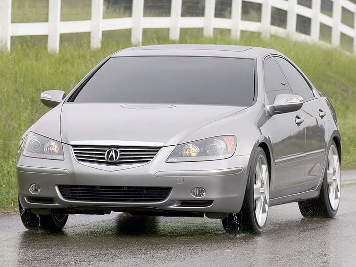 gray Acura RL sedan, acura, rl, concept, 2004, gray metallic, front view, style, cars, grass, fence, wet asphalt, HD wallpaper