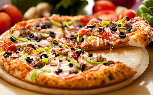 맛있는 피자, 페퍼로니 피자, 초록, 사진, 피자, 맛있는, 맛있는, 아름다운, 3D 및 초록, HD 배경 화면 HD wallpaper