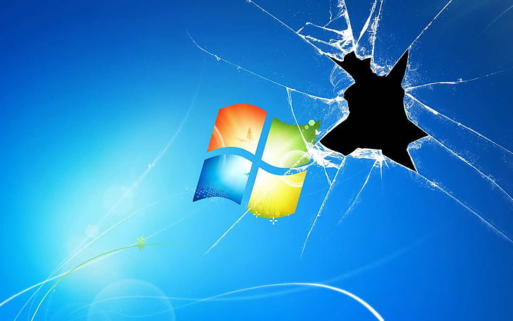 Kaca Pecah Windows, logo Windows, Komputer, Windows XP, biru, jendela, pecahan kaca, Wallpaper HD