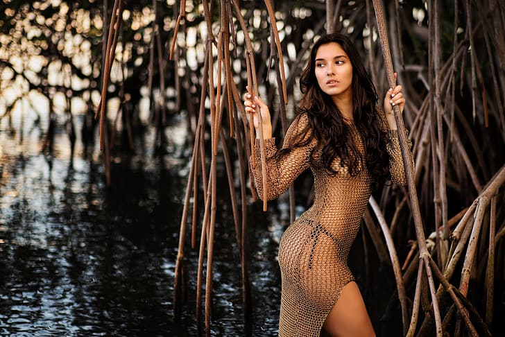 water, branches, pose, figure, dress, Camila, mangroves, Christopher Rankin, HD wallpaper
