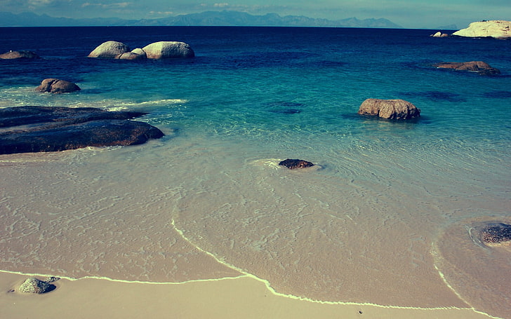 white sandy beach, sea, rocks, coast, tropical, island, HD wallpaper