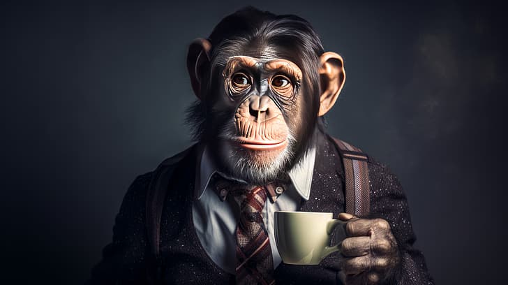 AI art, chimpanzees, coffee, clothes, Ape, HD wallpaper
