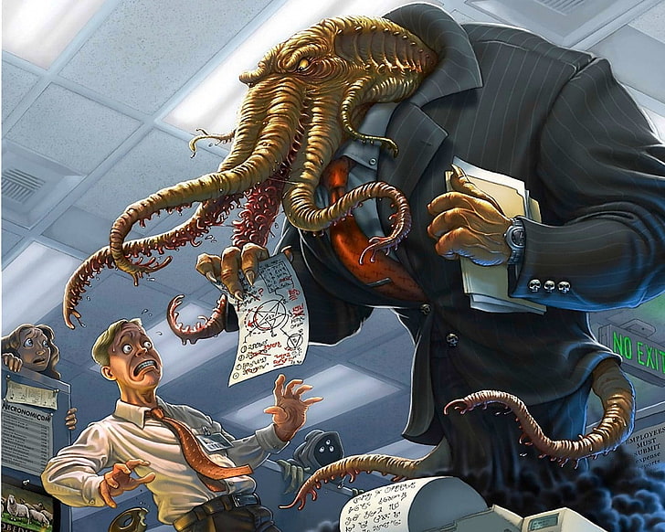 monster octopus boss showing papers on man illustration, laughing, Cthulhu, artwork, humor, office, HD wallpaper