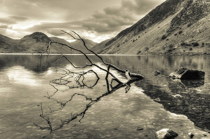 grayscale photography of wood log on body of water surrounded with mountains, Adrift, listless, safe, grayscale, photography, log on, body of water, mountains, Lake District, Cumbria, Wast Water, Drift wood, wood  wood, branch, tree, rocks, pebbles, reflection, Irton, clouds, landscape, nature, lake, mountain, water, outdoors, scenics, black And White, river, beauty In Nature, HD wallpaper