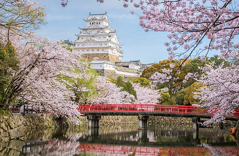 bro, slott, Japan, Sakura, Himeji, HD tapet HD wallpaper