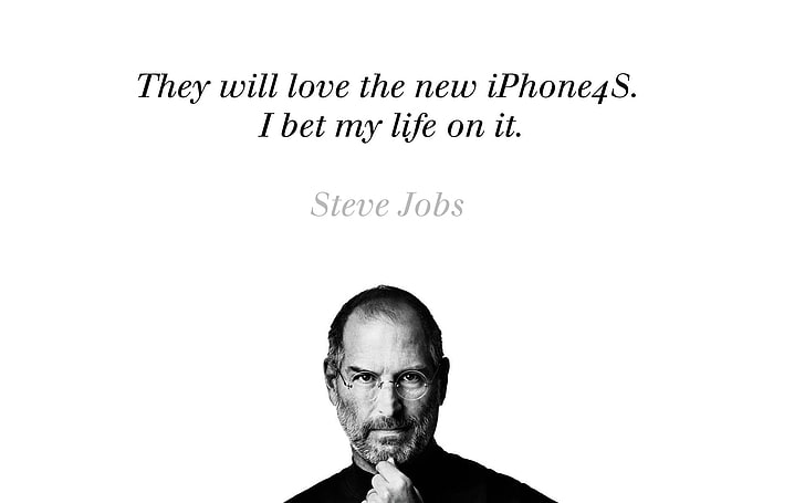 Steve Jobs with text overlay, blue, letters, background, the inscription, dark, ipod, apple, white background, male, iphone, black, words, quotes, man, ipad, Steve jobs, phrase, statements, hi-tech, HD wallpaper