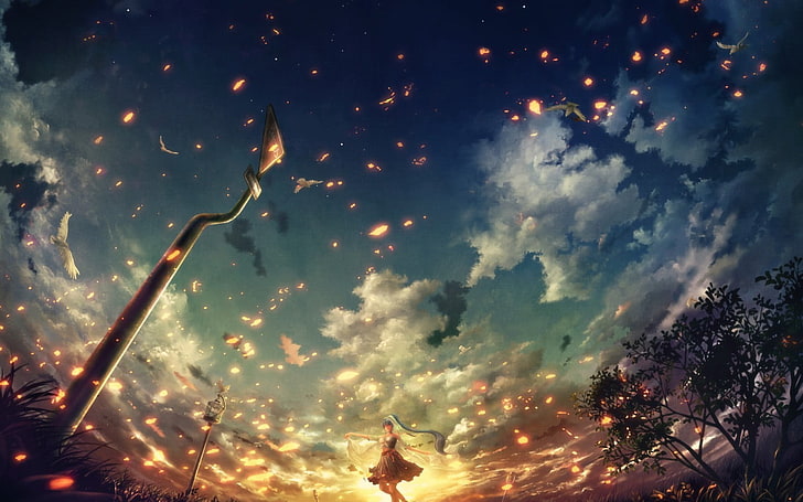 brązowowłosa dziewczyna w pobliżu postu pod zachmurzonym niebem, dzieła sztuki, anime dziewczyny, niebo, gołębie, Tapety HD