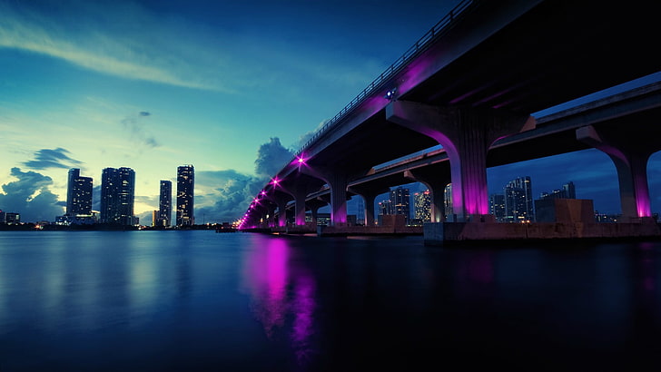jembatan beton abu-abu, jembatan, Miami, AS, neon, lanskap kota, cyan, violet, air, refleksi, Wallpaper HD