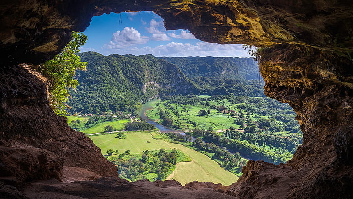 куева вентана, пуэрто-рико, скала, скальное образование, камень, пещера, оконная пещера, откос, окно, гора, геология, горная местность, пейзаж, каньон, ущелье, HD обои
