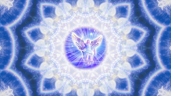 white and blue angle vector art, abstraction, lights, background, pattern, heart, graphics, round, glow, texture, Angel, Light, sphere, figure, mandala, The Archangel Michael, The Archangel, HD wallpaper HD wallpaper
