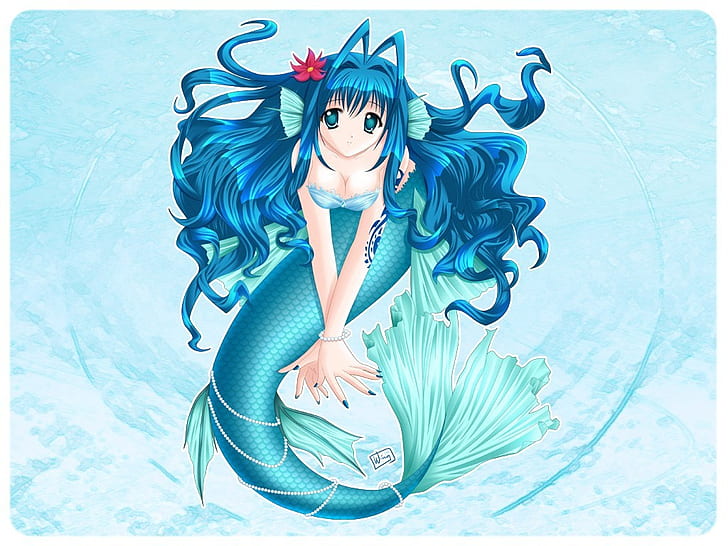 Beads Blue Mermaid Anime Other HD Art , Blue, cute, girls, tail, mermaid, Beads, HD wallpaper