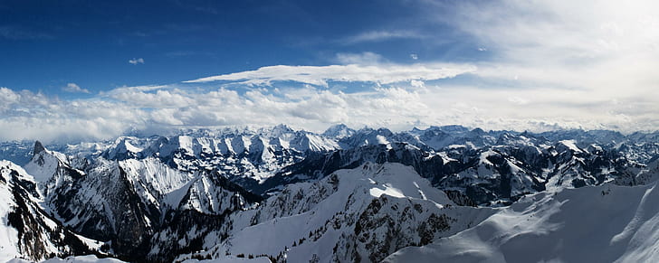 アルプス山脈のデュアルモニター、雪に覆われた山の写真、デュアル、モニター、山、アルプス、デュアルモニター、 HDデスクトップの壁紙