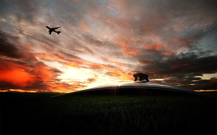 pesawat terbang, matahari terbenam, awan, pesawat penumpang, Wallpaper HD