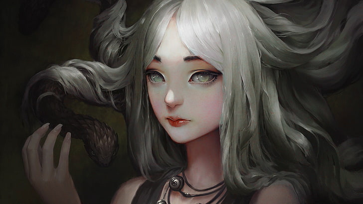 retrato feminino de cabelos brancos, Medusa, cobra, olhos brancos, cabelos brancos, mitologia grega, HD papel de parede