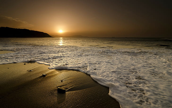 plage, mer, sable, lumière du soleil, silhouette, paysage, Fond d'écran HD