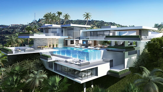 архитектура, сграда, дизайн, къща, интериор, имение, басейн, плуване, HD тапет HD wallpaper