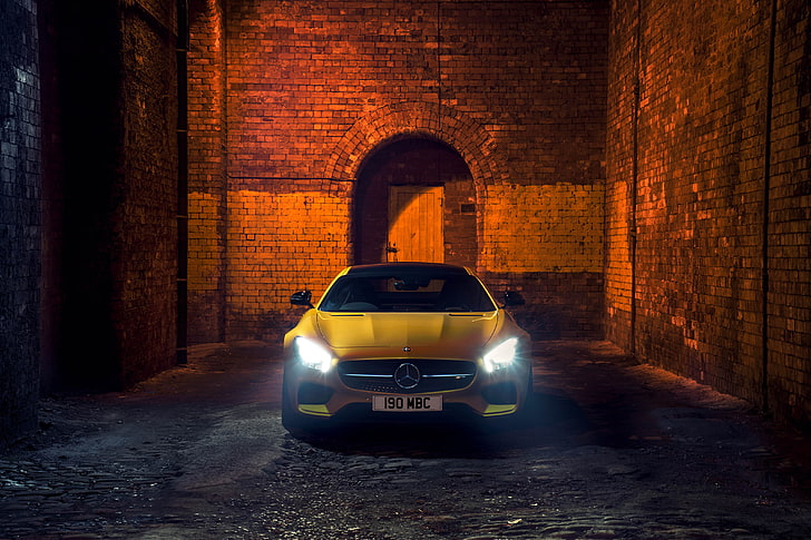 노란색 메르세데스 벤츠 자동차, 노랑, 메르세데스, AMG, 영국 사양, 2015, GT S, C190, HD 배경 화면
