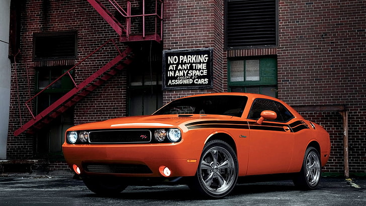 orange Ford Mustang coupe, dodge challenger rt, auto, red, HD wallpaper