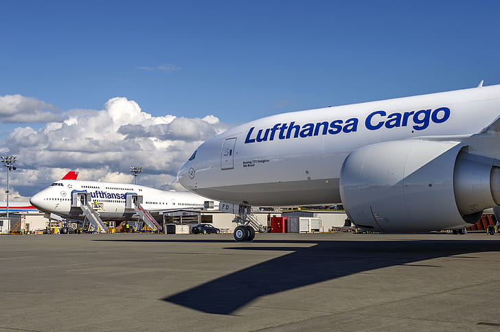 the sky, clouds, Airport, Boeing, Lufthansa, 800, Cargo, B-777, B-747, HD wallpaper