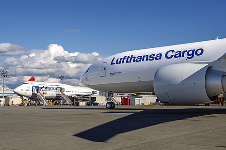 небето, облаци, летище, Boeing, Lufthansa, 800, Cargo, B-777, B-747, HD тапет HD wallpaper