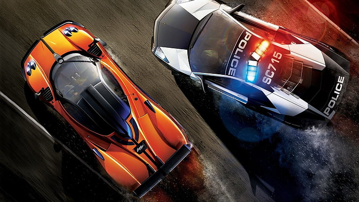 mobil oranye dan foto mengejar mobil polisi, Need for Speed: Hot Pursuit, video game, Wallpaper HD