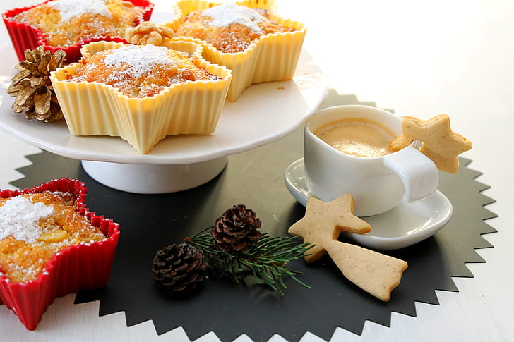 holiday, coffee, food, cookies, Christmas, Cup, cake, New year, Happy New Year, cappuccino, dessert, sweet, Merry Christmas, cupcakes, HD wallpaper