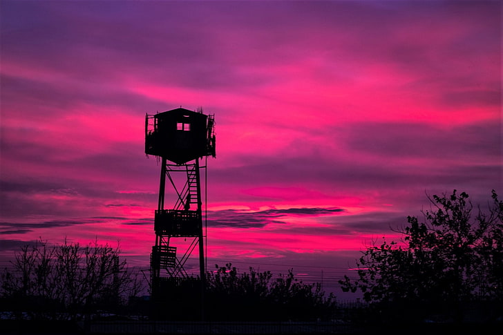 Photography, Sunset, Earth, Pink, Silhouette, Sky, Watchtower, HD wallpaper