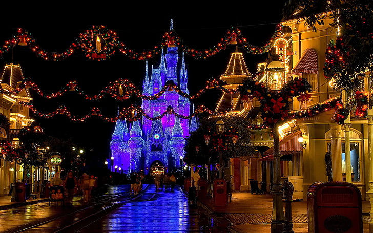 Disney Castle, dekoration, lampor, slott, gata, kvällen, jul, USA, Disneyland, juldekoration, sent, Florida, glödande, Cinderella castle, HD tapet