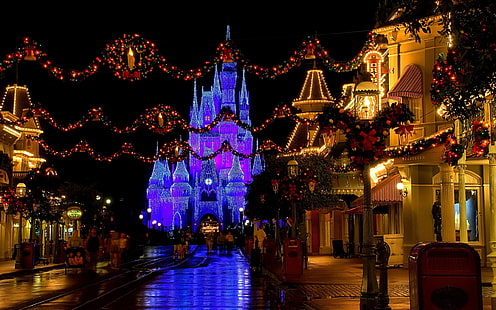 Château de Disney, décoration, lumières, château, rue, soirée, Noël, États-Unis, Disneyland, décoration de Noël, fin, Floride, rougeoyant, château de Cendrillon, Fond d'écran HD HD wallpaper