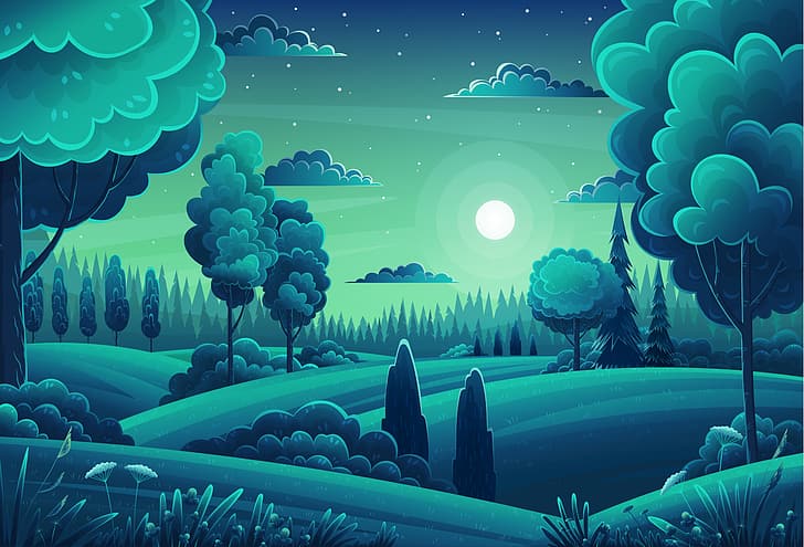 opera d'arte, vettore, foresta, colline, alberi, luna, notte, paesaggio, verde, cielo, nuvole, cartone animato, stelle, fiori, chiaro di luna, arte digitale, Sfondo HD