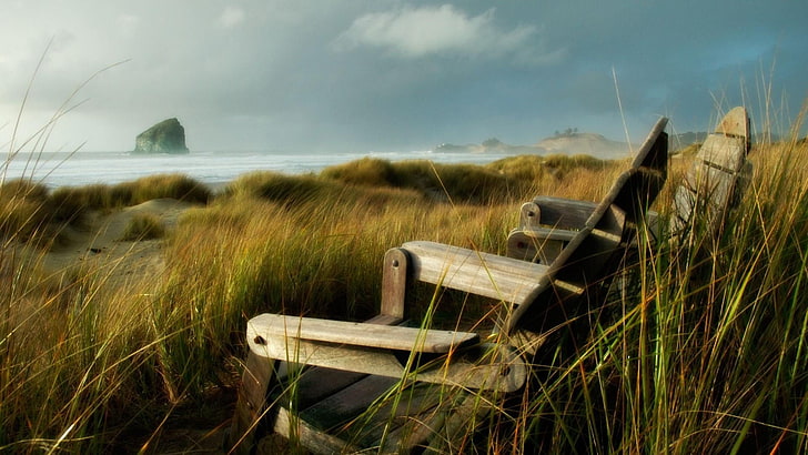 seat, bench, view, sea, grass, chairs, beach, coastal, dunes, landscape, romantic, HD wallpaper