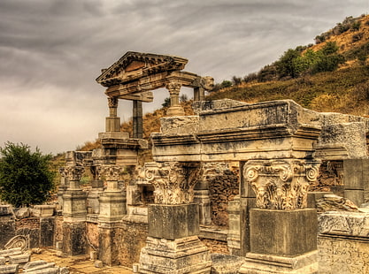 A Temple in the Ruins of Ephesus, Turkey, brown temple, Europe, Turkey, Ruins, ancient, Greek, historical, roman, archeology, anatolia, ephesus, HD wallpaper HD wallpaper